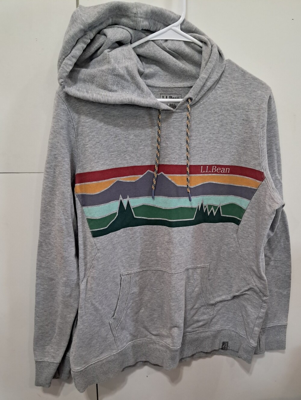 Women's Large L.L. Bean Sweatshirt Hoodie Gray with Stripes Thumbholes Pullover